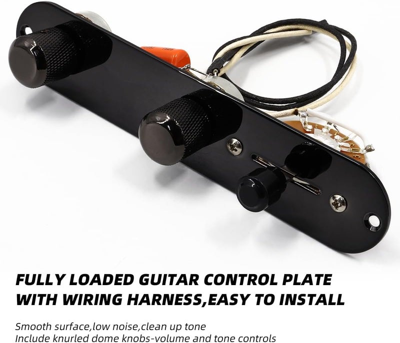 Domofa Loaded Guitar Control Plate for Telecaster Electric Guitar Prewired 3 Way Switch 500K Potentiometers Tone Volume Knob with Wiring Harness (Black) - Image 3